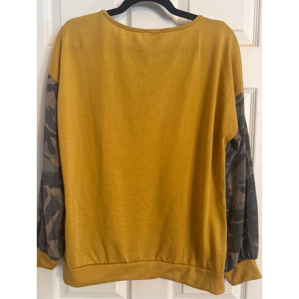 Women's BiBi Mustard Camo Sleeve Top S - Picture 2 of 3